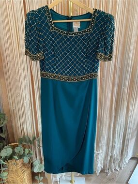 Vintage 90s Alyce Designs Silk Beaded Cocktail Dress Tulip Midi Gown teal gold 8